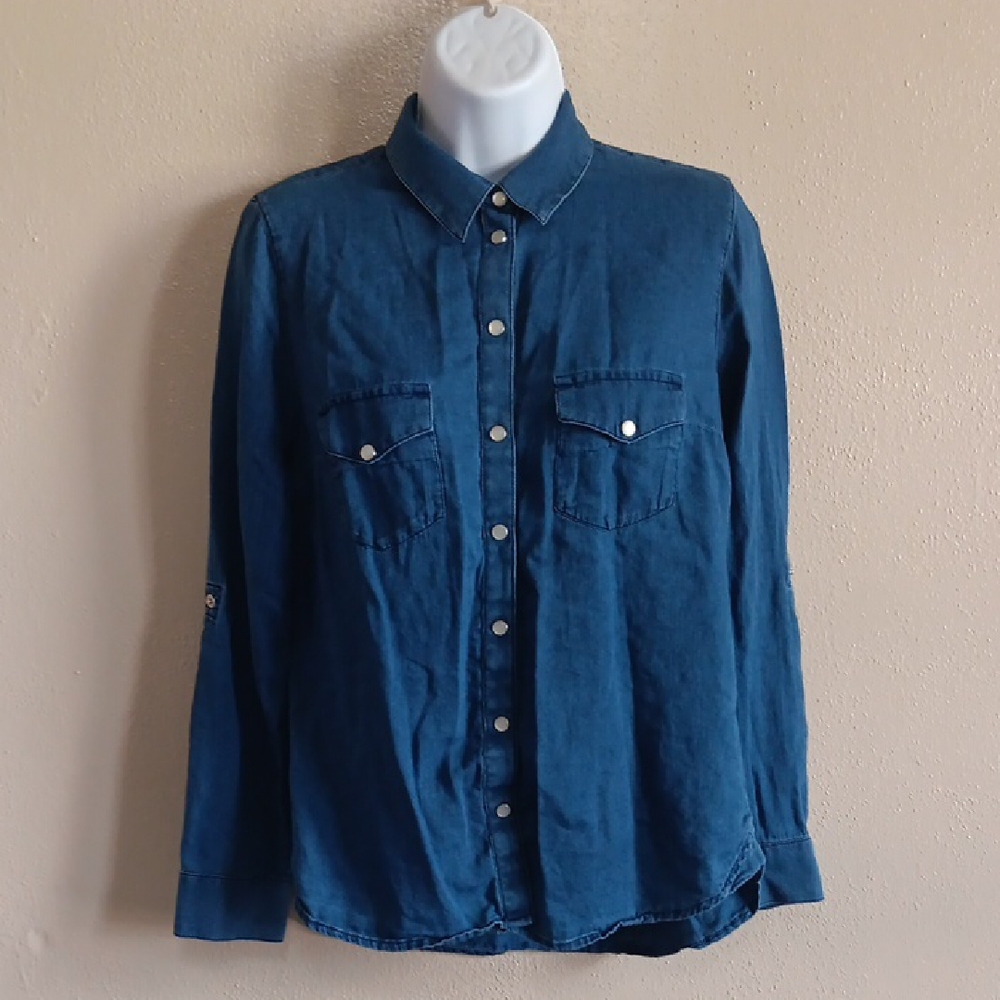 Kut from the Kloth Indigo Button Down Shirt, Womens XS, Pearl Snap Denim
